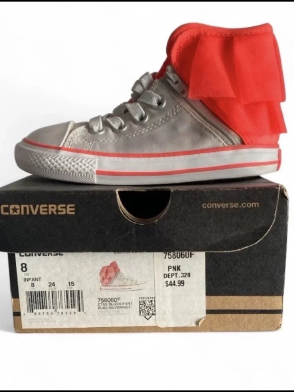Converse Size 8 Toddler Girls All Star Gray High Top Sneaker Orange Tulle Kids